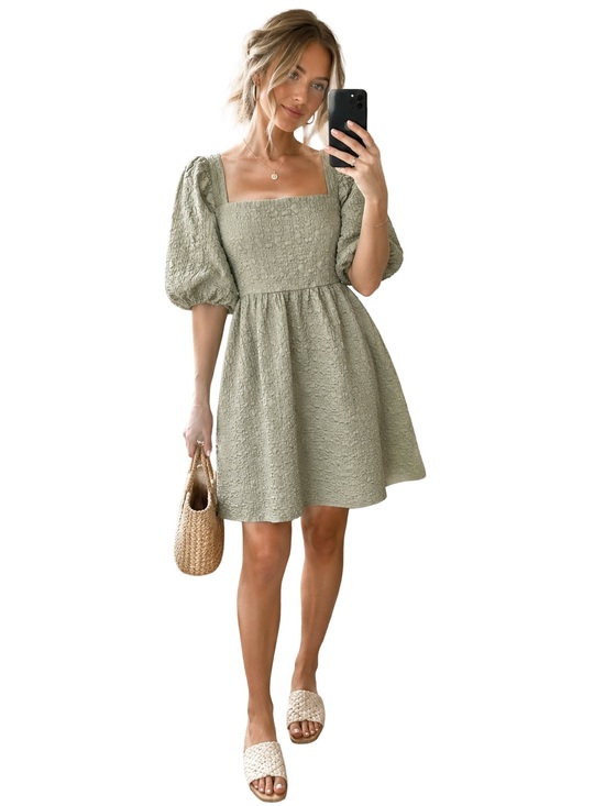 mittoshop Dresses & Skirts - Sage Textured Babydoll Dress Puff Sleeve Square Neck Cottagecore Romantic NWT L